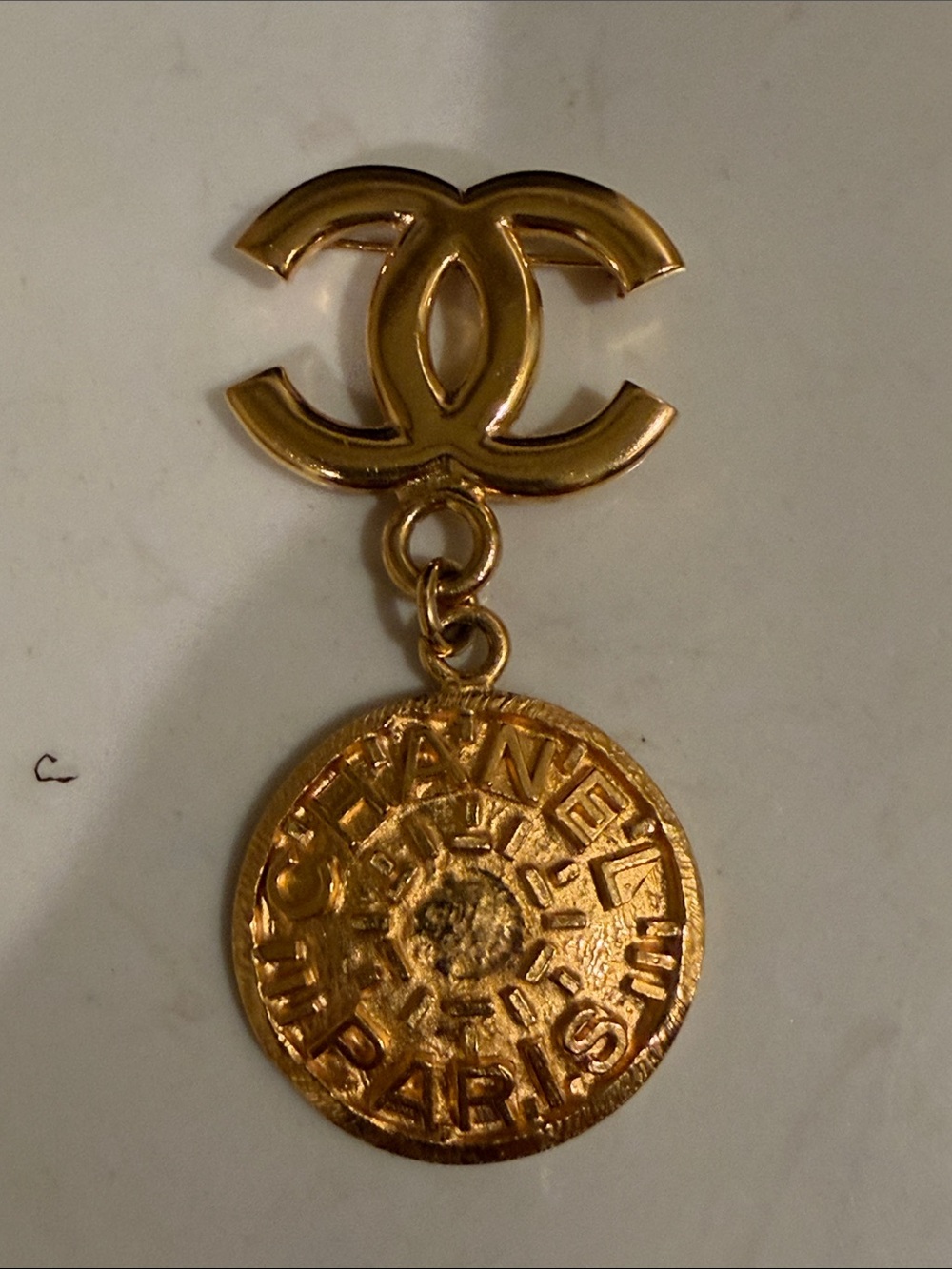 CHANEL Large Gold-Tone CC Logo Coin Brooch